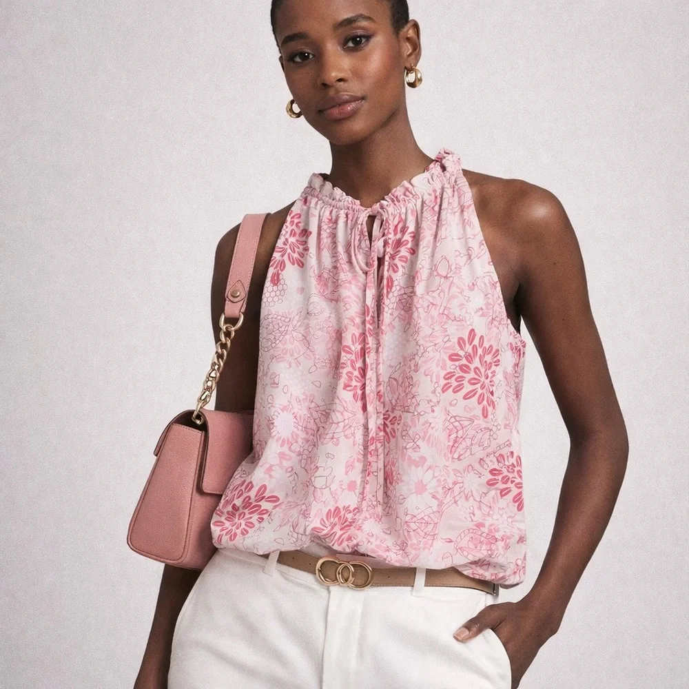 Max Studio Floral Sleeveless Tie-Neck Blouse | Pink & White - Picture 1 of 9